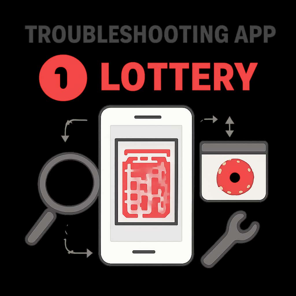 An illustration detailing troubleshooting steps for the 1 Lottery app.